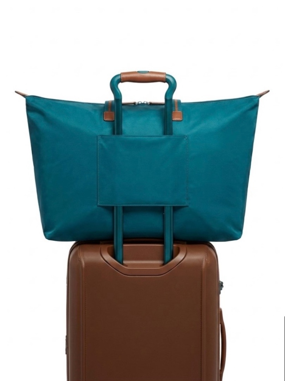 Tumi Voyager Just in Case Nylon Tote Travel Bag Packable Leather Trim Teal Brown